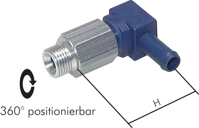 Exemplarische Darstellung: Schwenkbare L-Stecknippelverschraubung für PUR-, PUN- und PA-Schlauch, zylindrisches Gewinde, Zamak / Aluminium eloxiert